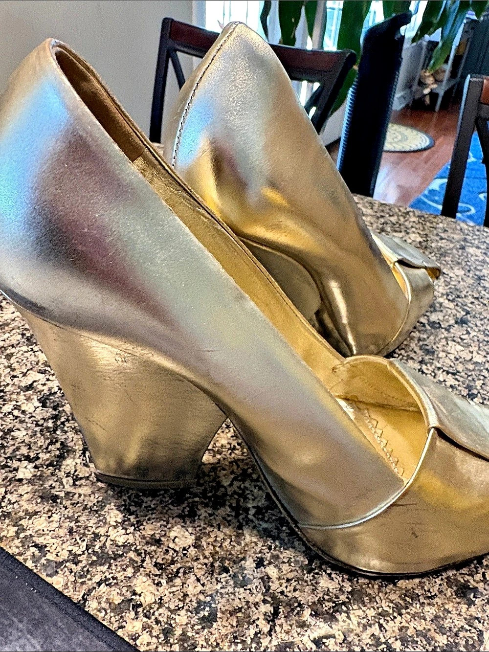 Yves Saint Laurent Gold Peep Toe Platform Heels